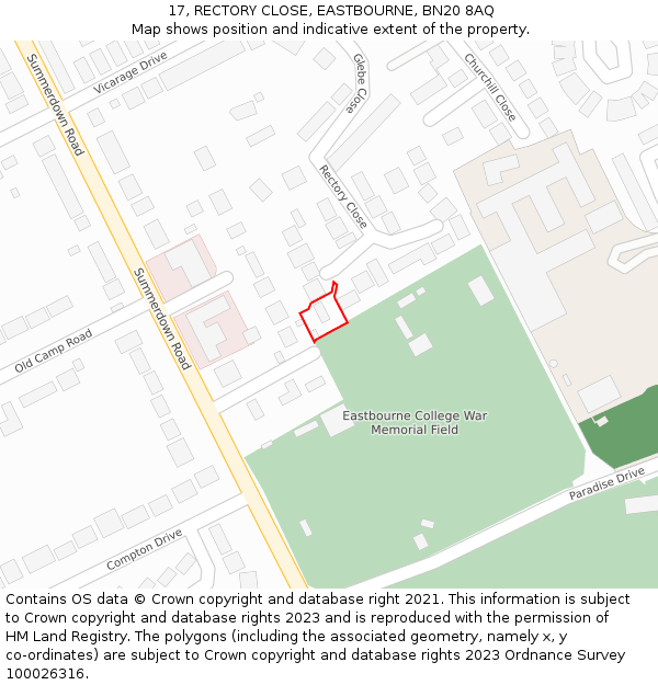 17, RECTORY CLOSE, EASTBOURNE, BN20 8AQ: Location map and indicative extent of plot