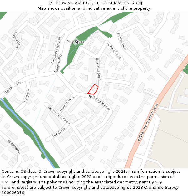 17, REDWING AVENUE, CHIPPENHAM, SN14 6XJ: Location map and indicative extent of plot