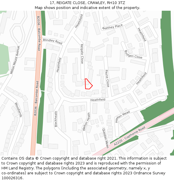 17, REIGATE CLOSE, CRAWLEY, RH10 3TZ: Location map and indicative extent of plot