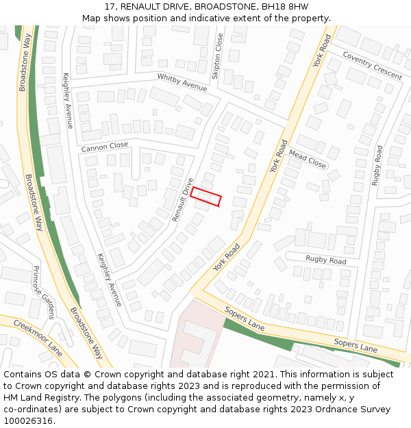 17, RENAULT DRIVE, BROADSTONE, BH18 8HW: Location map and indicative extent of plot