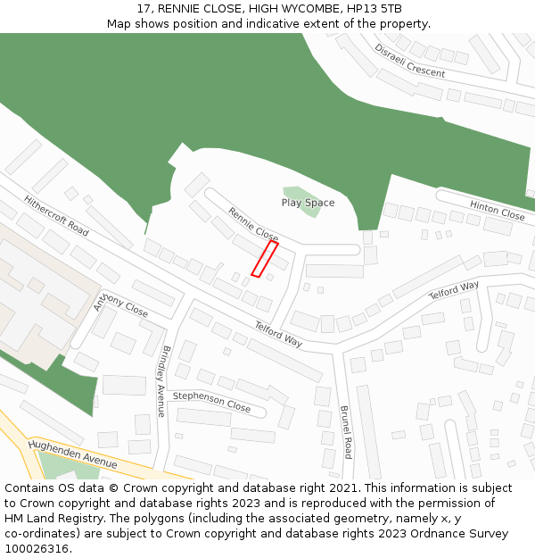 17, RENNIE CLOSE, HIGH WYCOMBE, HP13 5TB: Location map and indicative extent of plot