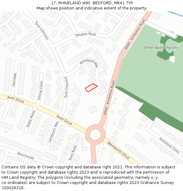 17, RHINELAND WAY, BEDFORD, MK41 7YP: Location map and indicative extent of plot