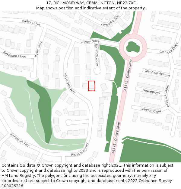 17, RICHMOND WAY, CRAMLINGTON, NE23 7XE: Location map and indicative extent of plot
