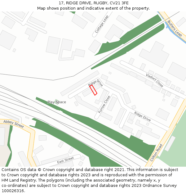 17, RIDGE DRIVE, RUGBY, CV21 3FE: Location map and indicative extent of plot