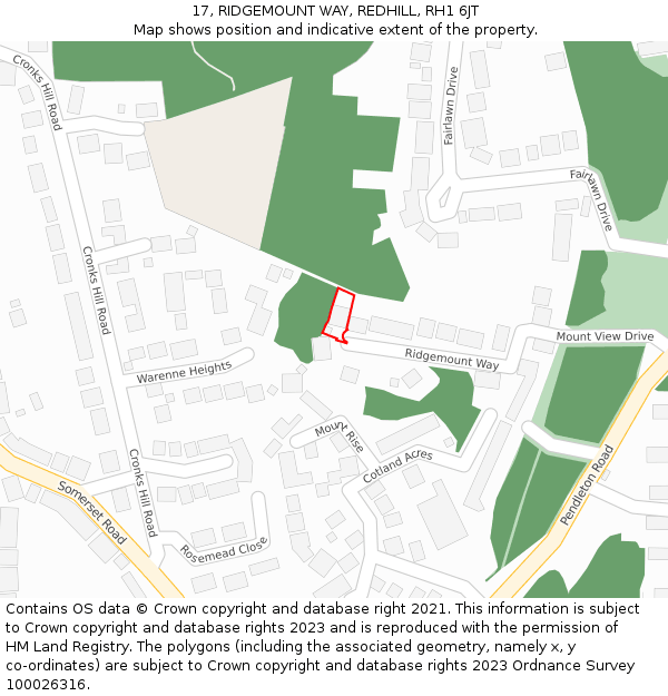 17, RIDGEMOUNT WAY, REDHILL, RH1 6JT: Location map and indicative extent of plot