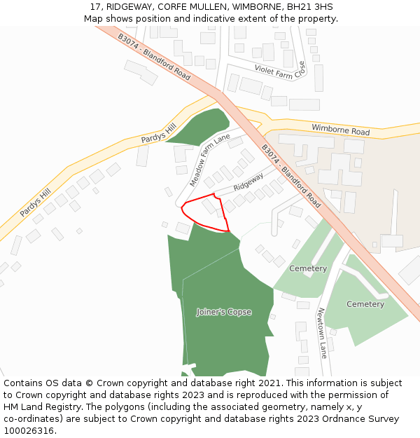 17, RIDGEWAY, CORFE MULLEN, WIMBORNE, BH21 3HS: Location map and indicative extent of plot