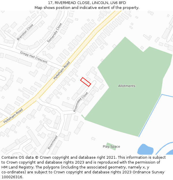 17, RIVERMEAD CLOSE, LINCOLN, LN6 8FD: Location map and indicative extent of plot