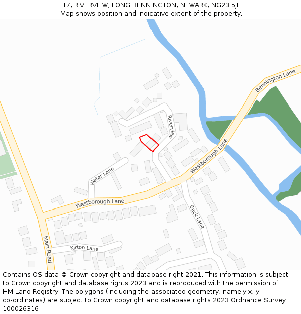 17, RIVERVIEW, LONG BENNINGTON, NEWARK, NG23 5JF: Location map and indicative extent of plot