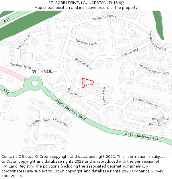 17, ROBIN DRIVE, LAUNCESTON, PL15 9JY: Location map and indicative extent of plot