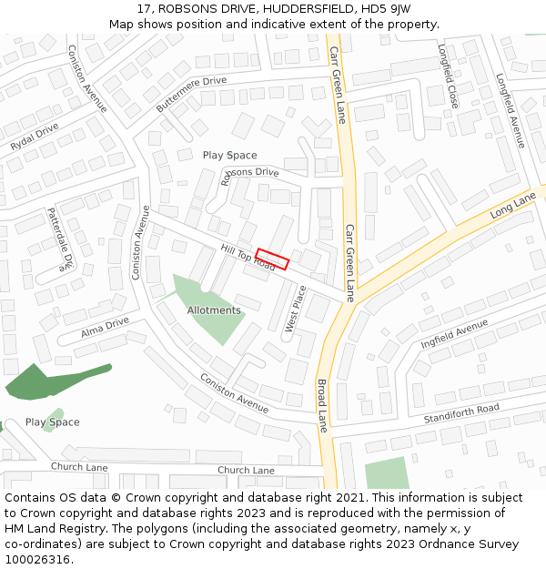 17, ROBSONS DRIVE, HUDDERSFIELD, HD5 9JW: Location map and indicative extent of plot