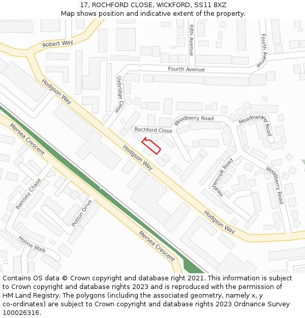 17, ROCHFORD CLOSE, WICKFORD, SS11 8XZ: Location map and indicative extent of plot