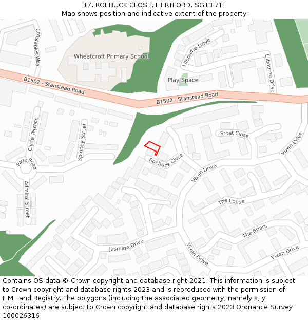 17, ROEBUCK CLOSE, HERTFORD, SG13 7TE: Location map and indicative extent of plot