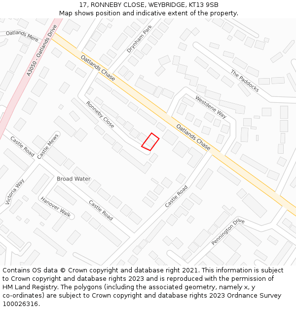 17, RONNEBY CLOSE, WEYBRIDGE, KT13 9SB: Location map and indicative extent of plot