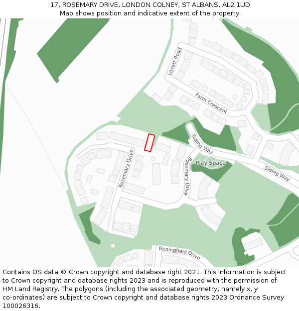 17, ROSEMARY DRIVE, LONDON COLNEY, ST ALBANS, AL2 1UD: Location map and indicative extent of plot