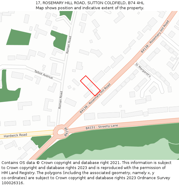 17, ROSEMARY HILL ROAD, SUTTON COLDFIELD, B74 4HL: Location map and indicative extent of plot