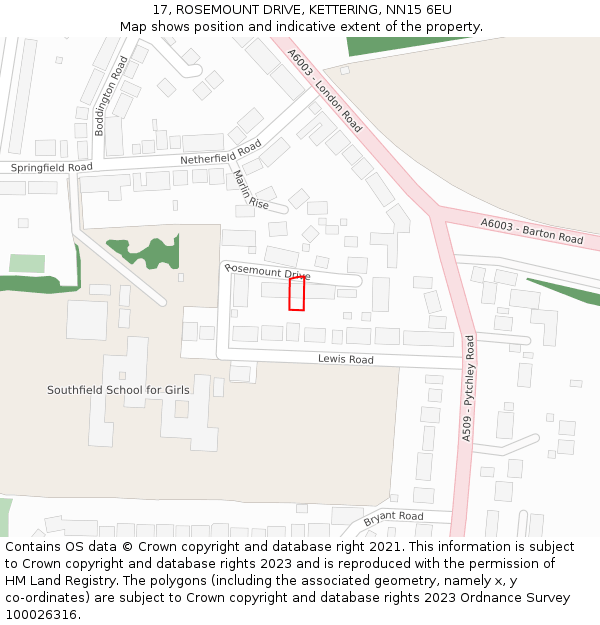 17, ROSEMOUNT DRIVE, KETTERING, NN15 6EU: Location map and indicative extent of plot