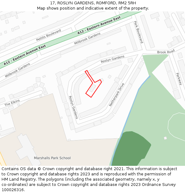 17, ROSLYN GARDENS, ROMFORD, RM2 5RH: Location map and indicative extent of plot