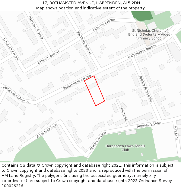 17, ROTHAMSTED AVENUE, HARPENDEN, AL5 2DN: Location map and indicative extent of plot