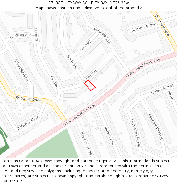 17, ROTHLEY WAY, WHITLEY BAY, NE26 3EW: Location map and indicative extent of plot