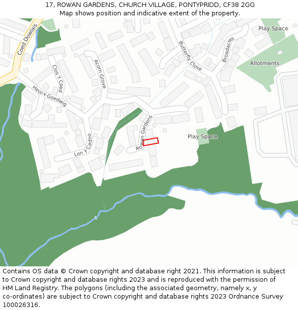 17, ROWAN GARDENS, CHURCH VILLAGE, PONTYPRIDD, CF38 2GG: Location map and indicative extent of plot