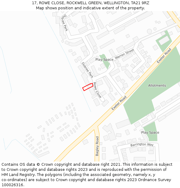 17, ROWE CLOSE, ROCKWELL GREEN, WELLINGTON, TA21 9RZ: Location map and indicative extent of plot