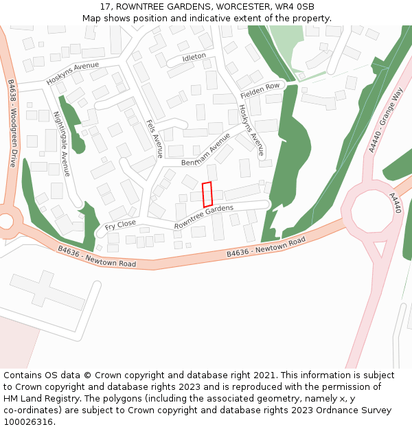 17, ROWNTREE GARDENS, WORCESTER, WR4 0SB: Location map and indicative extent of plot