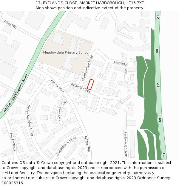 17, RYELANDS CLOSE, MARKET HARBOROUGH, LE16 7XE: Location map and indicative extent of plot