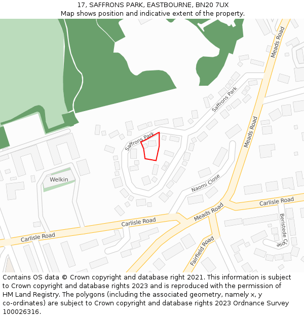 17, SAFFRONS PARK, EASTBOURNE, BN20 7UX: Location map and indicative extent of plot