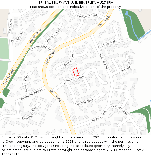 17, SALISBURY AVENUE, BEVERLEY, HU17 8RA: Location map and indicative extent of plot