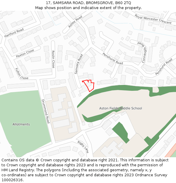 17, SAMSARA ROAD, BROMSGROVE, B60 2TQ: Location map and indicative extent of plot