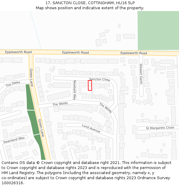 17, SANCTON CLOSE, COTTINGHAM, HU16 5LP: Location map and indicative extent of plot