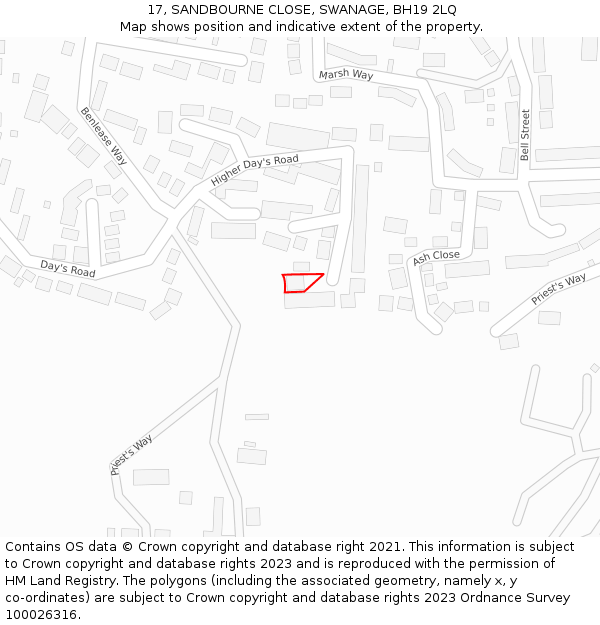 17, SANDBOURNE CLOSE, SWANAGE, BH19 2LQ: Location map and indicative extent of plot