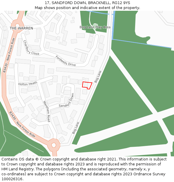 17, SANDFORD DOWN, BRACKNELL, RG12 9YS: Location map and indicative extent of plot