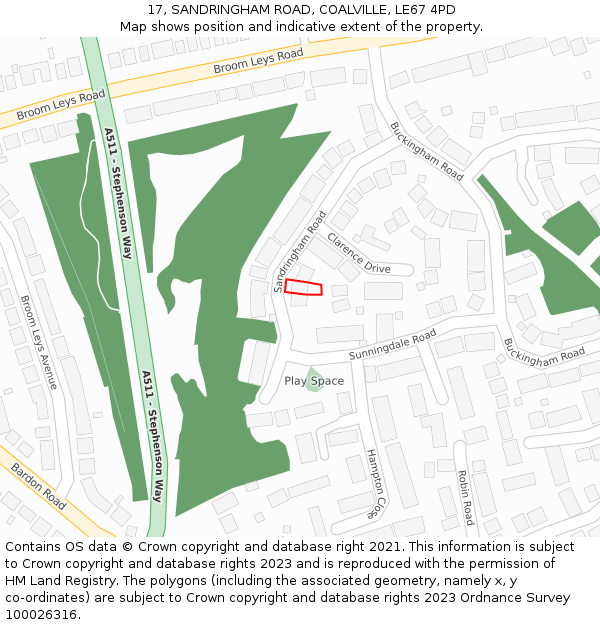 17, SANDRINGHAM ROAD, COALVILLE, LE67 4PD: Location map and indicative extent of plot