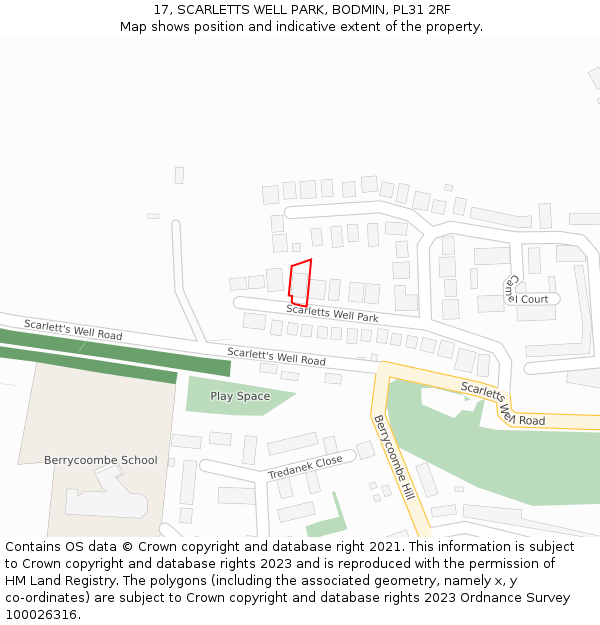 17, SCARLETTS WELL PARK, BODMIN, PL31 2RF: Location map and indicative extent of plot