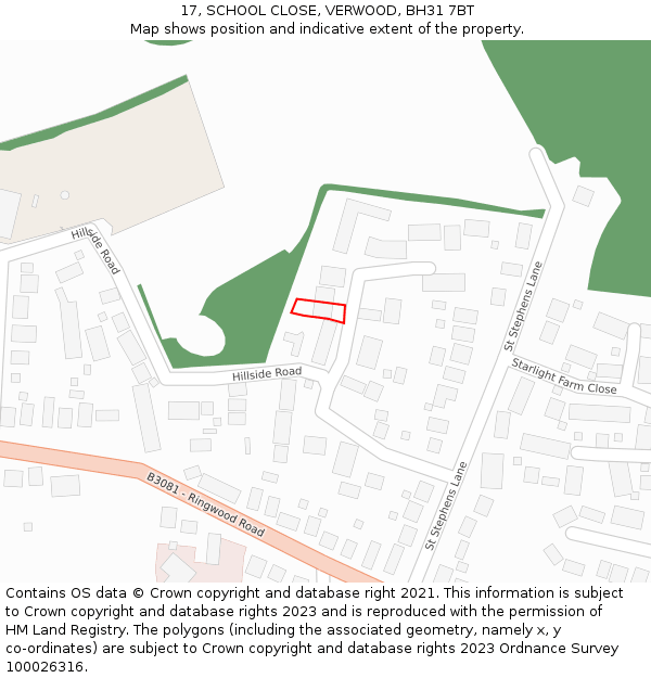 17, SCHOOL CLOSE, VERWOOD, BH31 7BT: Location map and indicative extent of plot