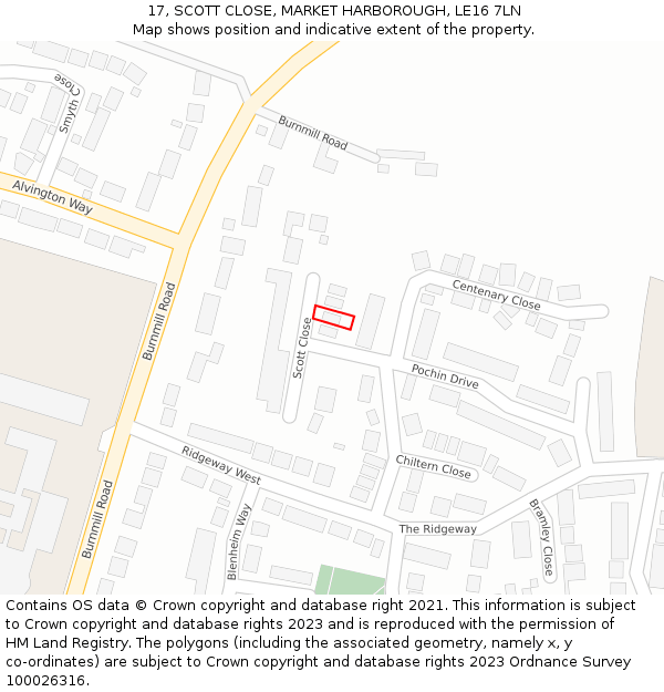 17, SCOTT CLOSE, MARKET HARBOROUGH, LE16 7LN: Location map and indicative extent of plot