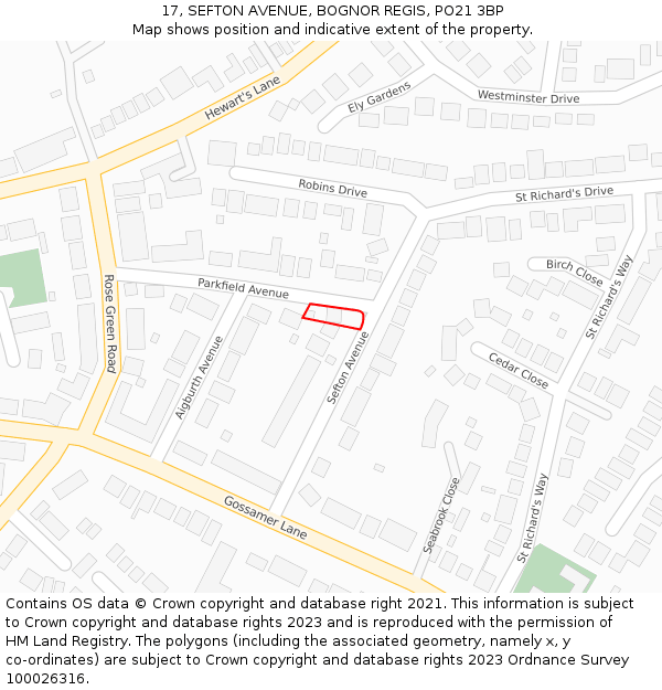 17, SEFTON AVENUE, BOGNOR REGIS, PO21 3BP: Location map and indicative extent of plot