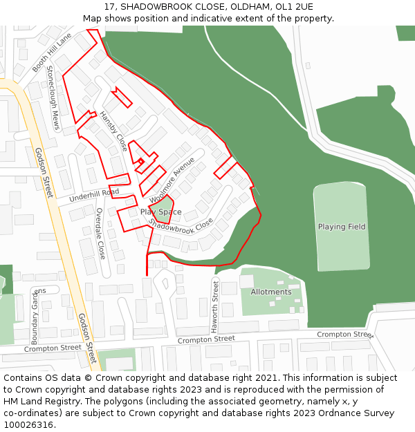 17, SHADOWBROOK CLOSE, OLDHAM, OL1 2UE: Location map and indicative extent of plot