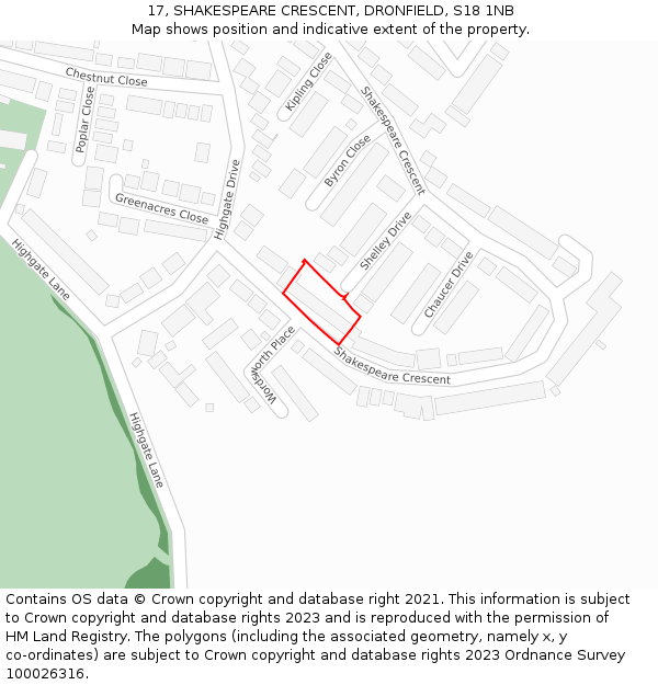 17, SHAKESPEARE CRESCENT, DRONFIELD, S18 1NB: Location map and indicative extent of plot