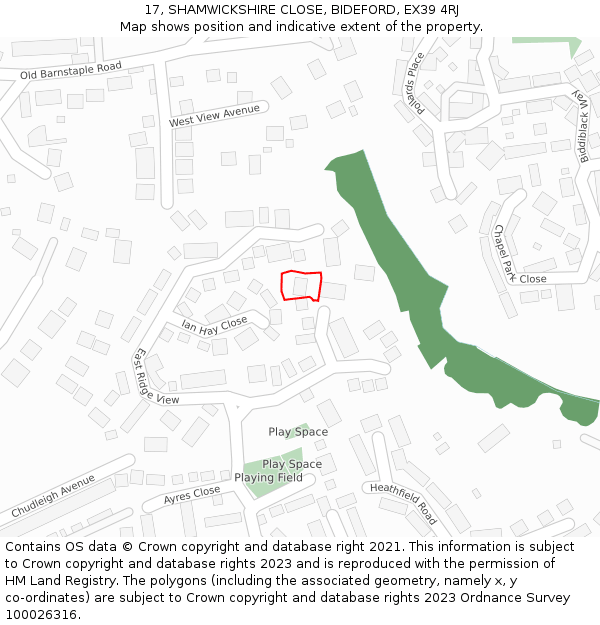 17, SHAMWICKSHIRE CLOSE, BIDEFORD, EX39 4RJ: Location map and indicative extent of plot