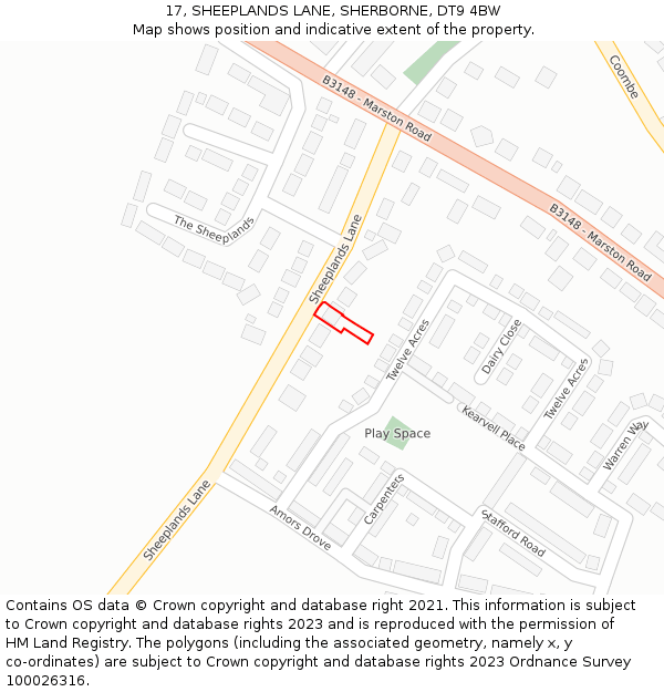 17, SHEEPLANDS LANE, SHERBORNE, DT9 4BW: Location map and indicative extent of plot