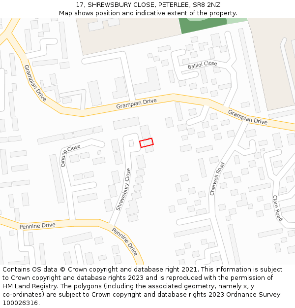 17, SHREWSBURY CLOSE, PETERLEE, SR8 2NZ: Location map and indicative extent of plot