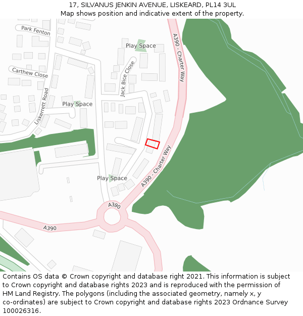 17, SILVANUS JENKIN AVENUE, LISKEARD, PL14 3UL: Location map and indicative extent of plot