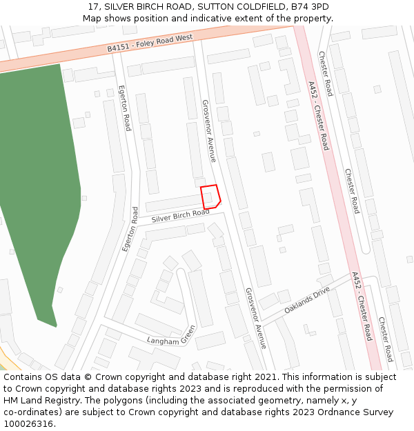 17, SILVER BIRCH ROAD, SUTTON COLDFIELD, B74 3PD: Location map and indicative extent of plot