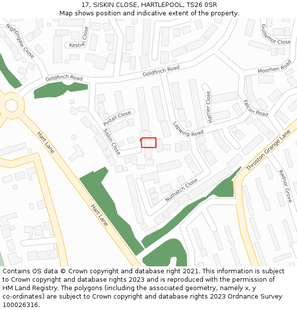 17, SISKIN CLOSE, HARTLEPOOL, TS26 0SR: Location map and indicative extent of plot