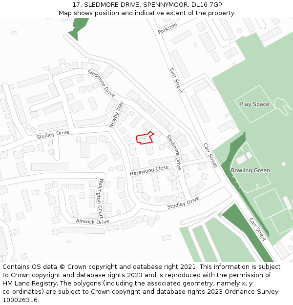 17, SLEDMORE DRIVE, SPENNYMOOR, DL16 7GP: Location map and indicative extent of plot