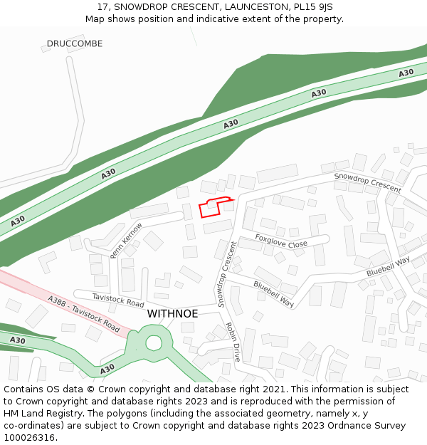 17, SNOWDROP CRESCENT, LAUNCESTON, PL15 9JS: Location map and indicative extent of plot