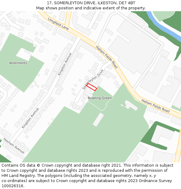 17, SOMERLEYTON DRIVE, ILKESTON, DE7 4BT: Location map and indicative extent of plot
