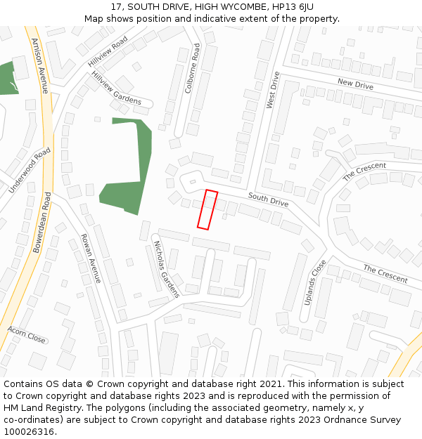 17, SOUTH DRIVE, HIGH WYCOMBE, HP13 6JU: Location map and indicative extent of plot